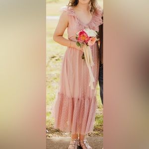 Long length Swiss dot, dusty pink dress